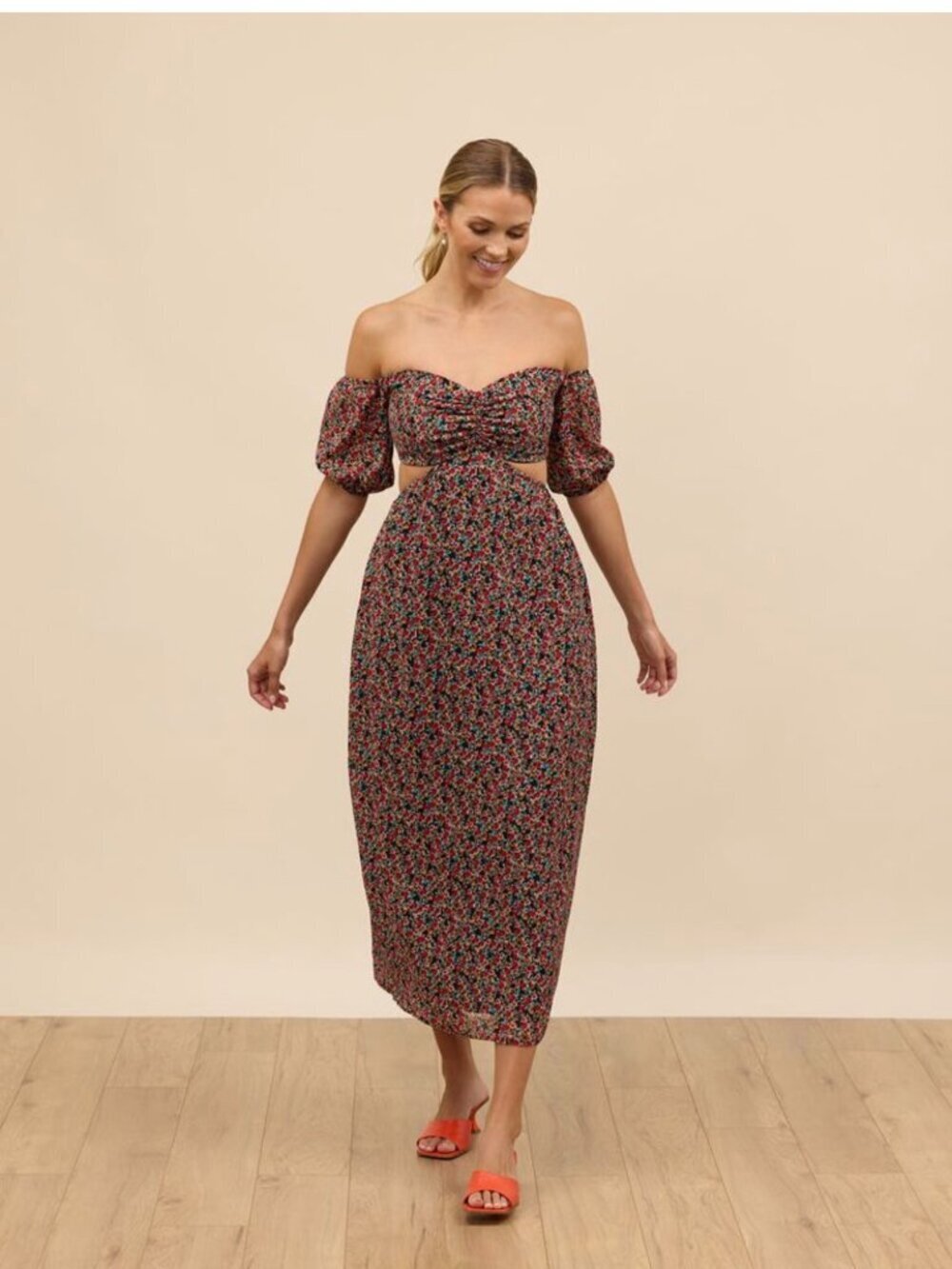 Park & Fifth Small Red Floral Midi Dress with Puff Sleeves - peekaboo sides and